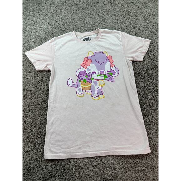 Bright Bat Shirt Womens Medium Beige Purple Puppy Flowers Short Sleeve READ - Picture 2 of 12